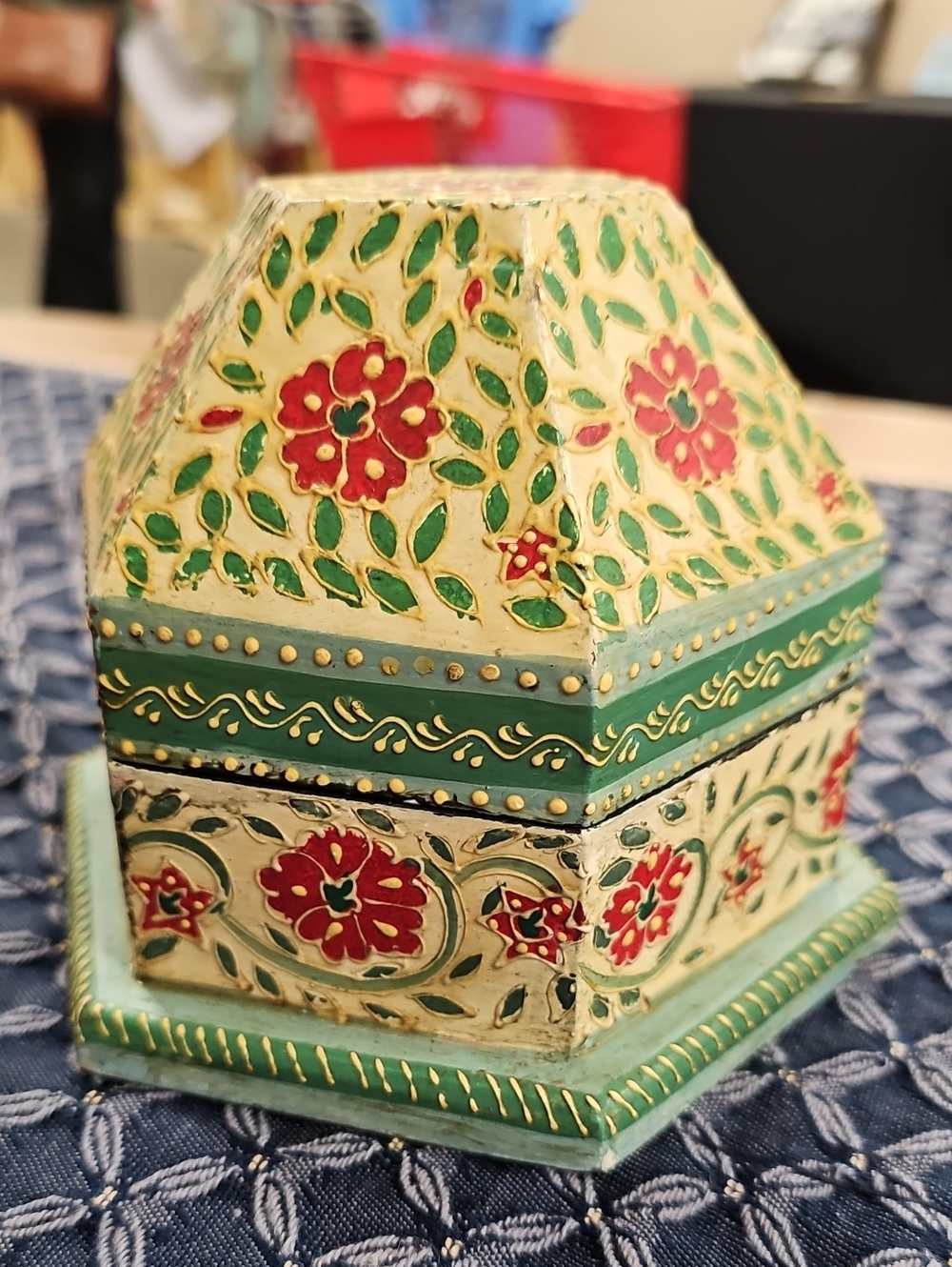 Vintage Hand-Painted Octagonal Indian Floral Decorative Box